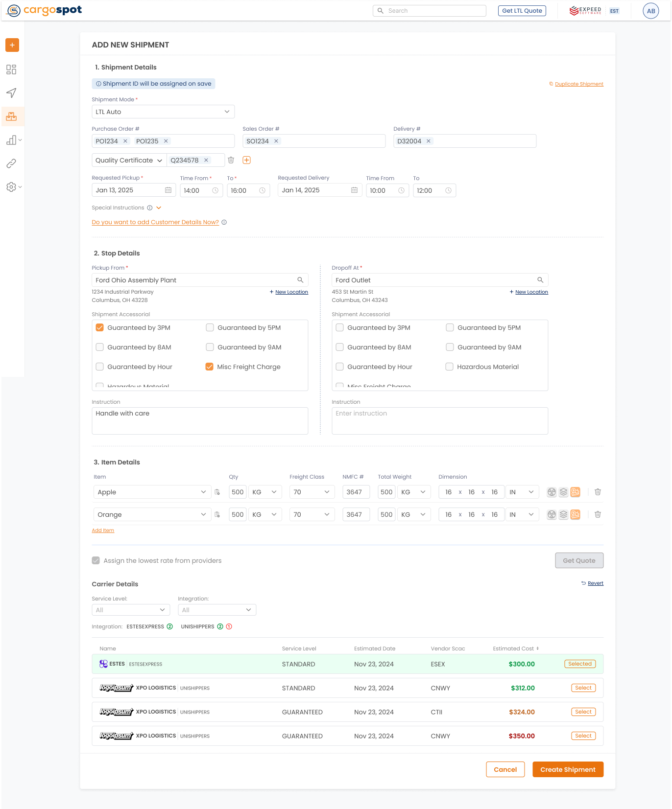 Redesigned shipment creation workflow for Cargospot