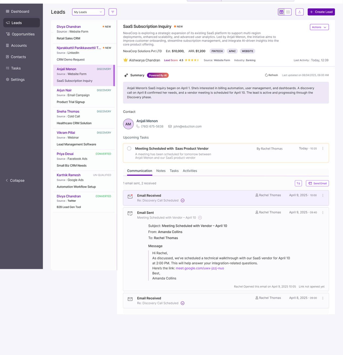 Before &mdash; CRM lead profile with equal-weight tab layout