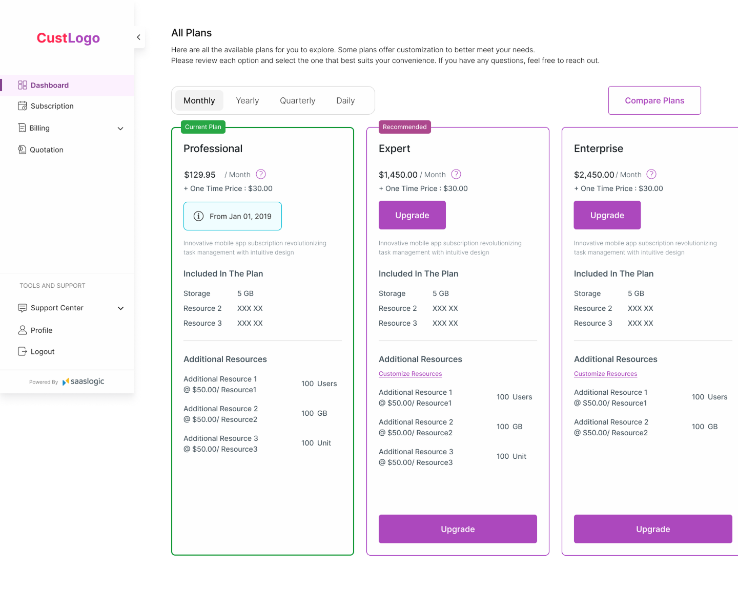 Select Plan — customer portal screen