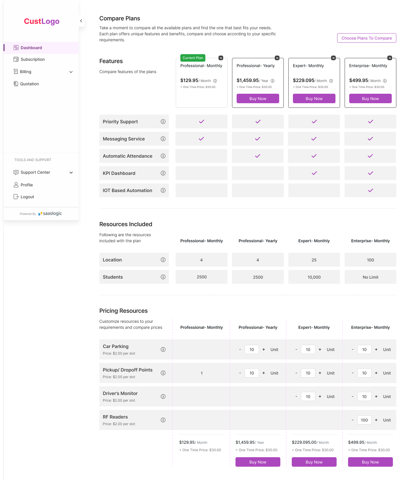 Compare Plans — customer portal screen