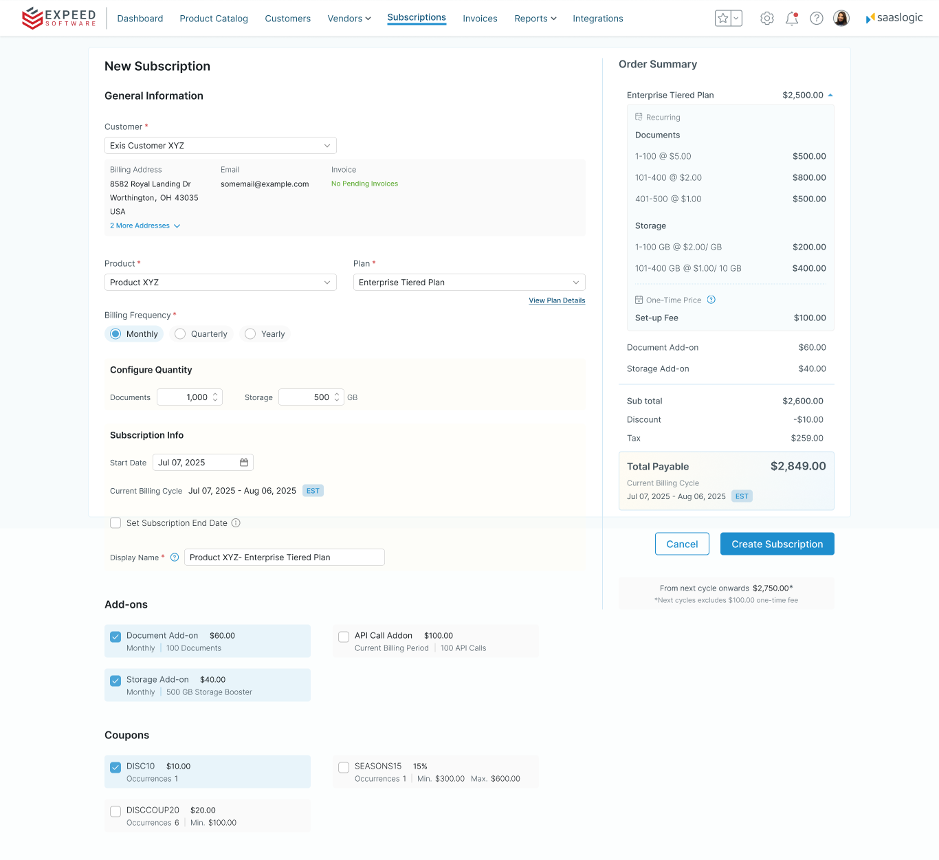 Final single-page subscription workflow for Saaslogic