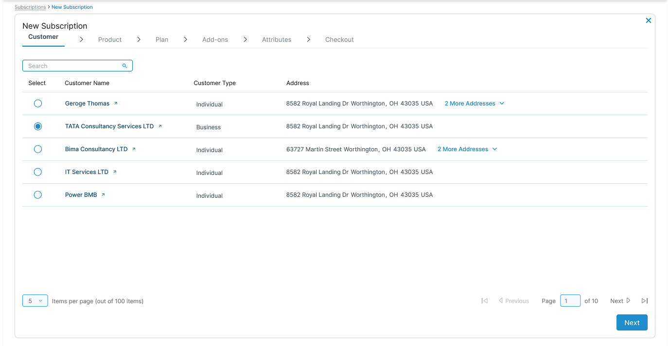 Step 01 — Customer selection screen