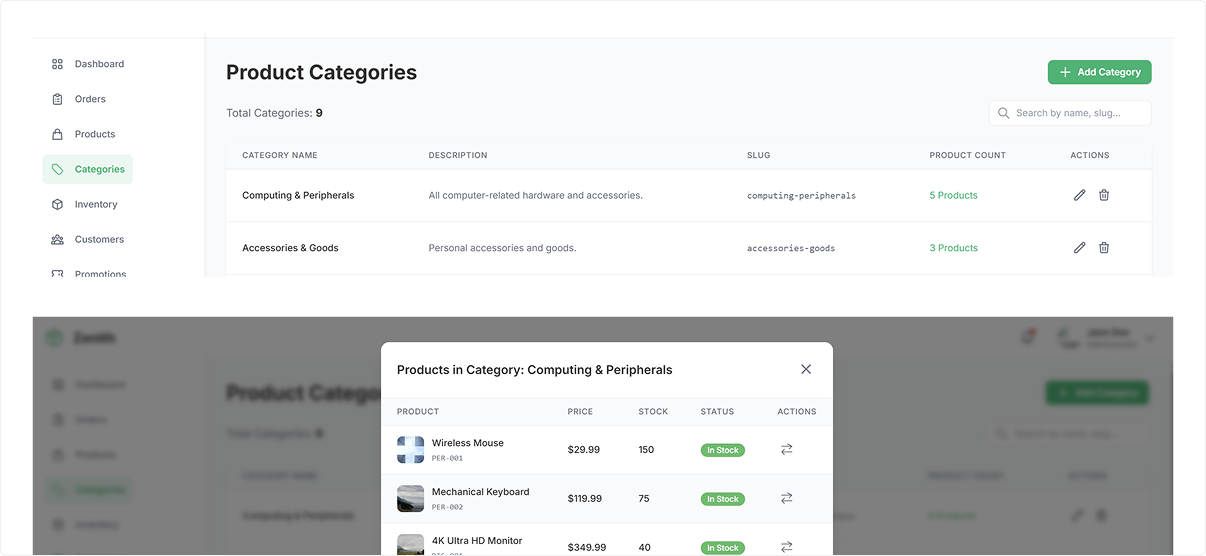 Zenith Product Catalogue &mdash; product management interface